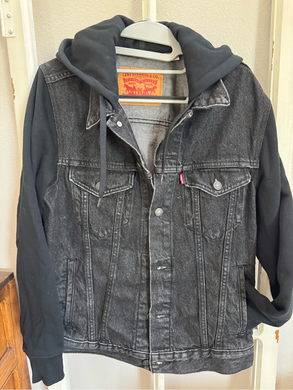 Levi's Black Washed Denim Hooded Jacket with Black Sleeves